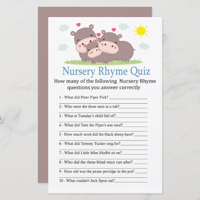 Jogo de chá de fraldas do Hippo Nursery Rhyme Quiz (Frente/Verso)