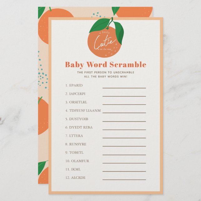 Jogo de Chá de fraldas do Orange Baby Word Scrambl (Frente/Verso)