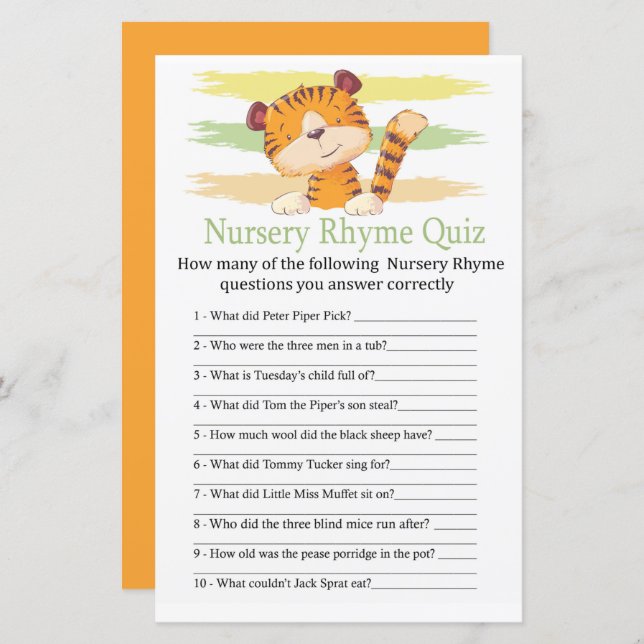 Jogo de chá de fraldas do Tiger Nursery Rhyme Quiz (Frente/Verso)