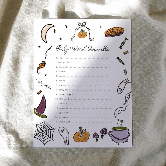 Jogo de Chá de fraldas do Word Scramble (A Little Boo is Almost Due Halloween Word Scramble Baby Shower Game)