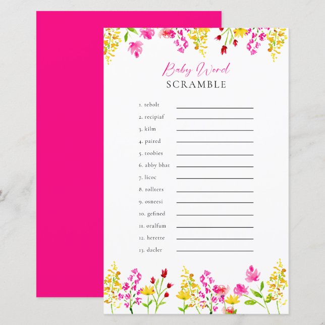 Jogo de Chá de fraldas do Word Scramble Wildflower (Frente/Verso)