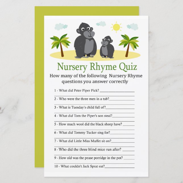 Jogo de chá de fraldas Gorilla Nursery Rhyme Quiz (Frente/Verso)