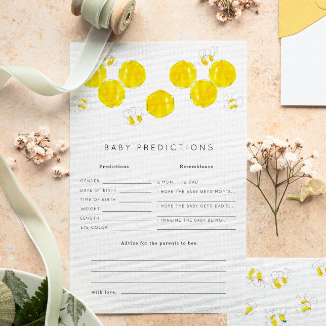 Jogo de Chá de fraldas para Previsões de Bebês (Yellow watercolor bees and honeycomb Baby Shower baby predictions game sheets.)