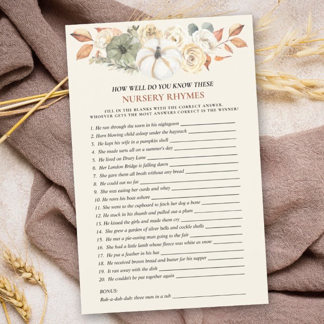 Jogo de Chá de fraldas Rhyme para Enfermeiro de Bo (A baby shower nursery rhyme game with a pumpkin theme is a fun & entertaining activity for guests.)