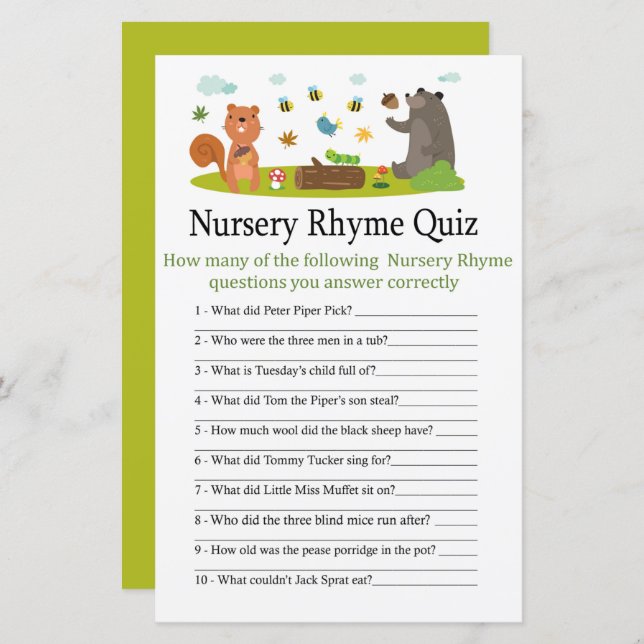 Jogo de chá de fraldas Rhyme Rursery Rhyme Quiz (Frente/Verso)