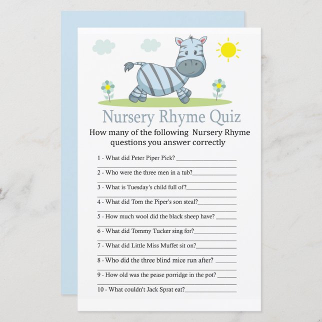 Jogo de chá de fraldas Zebra Nursery Rhyme Quiz (Frente/Verso)