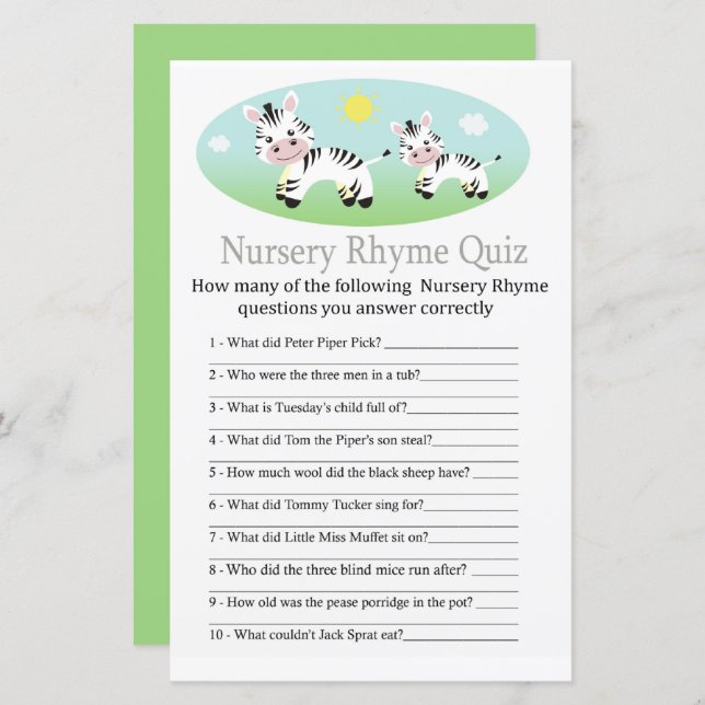 Jogo de chá de fraldas Zebra Nursery Rhyme Quiz (Frente/Verso)
