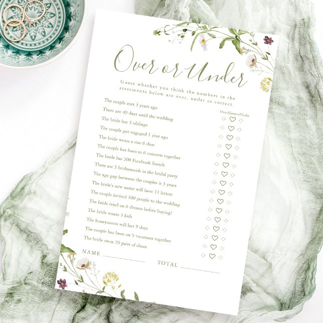 Jogo de chá de noiva Boho Wildflower Over or Under (Boho Wildflower Over or Under bridal shower game)