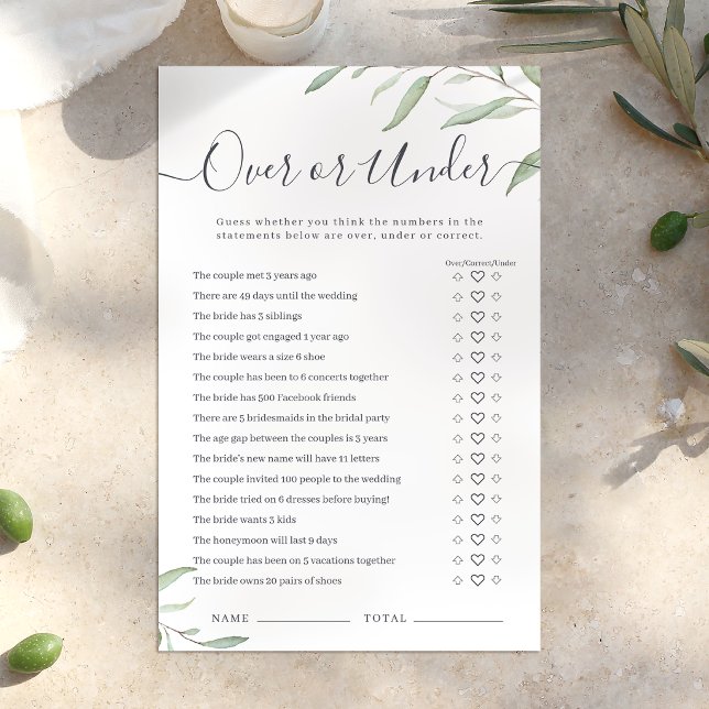 Jogo de chá de noiva com vegetação mínima Acima ou (Minimal greenery Over or Under bridal shower game)
