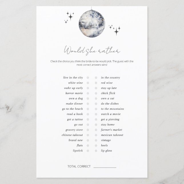 Jogo de Chá de Noiva Disco Ball 'Would She Rather' (Frente)