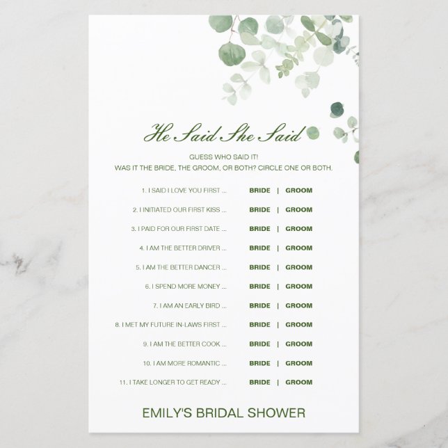 Jogo de Chá de Noiva Editável Ele Disse Ela Disse (Frente)