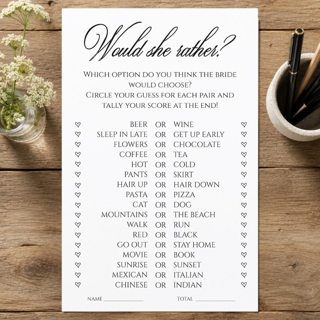 Jogo de Chá de Noiva 'Ela Preferiria'  (Would She Rather Bridal Shower Game)