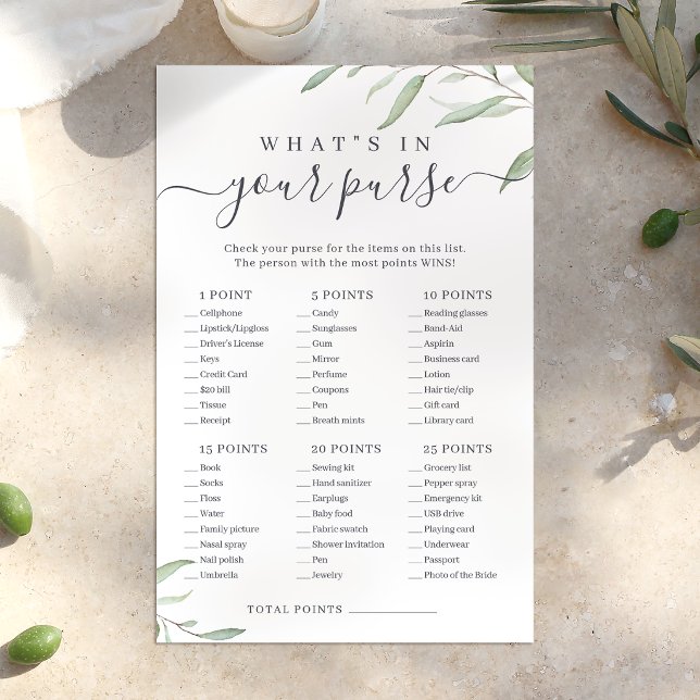 Jogo de chá de noiva o que está na sua bolsa com t (Greenery what's in your purse bridal shower game)