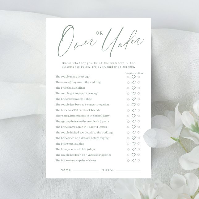 Jogo de chá de noiva Over or Under em verde sálvia (Sage green script Over or Under bridal shower game)
