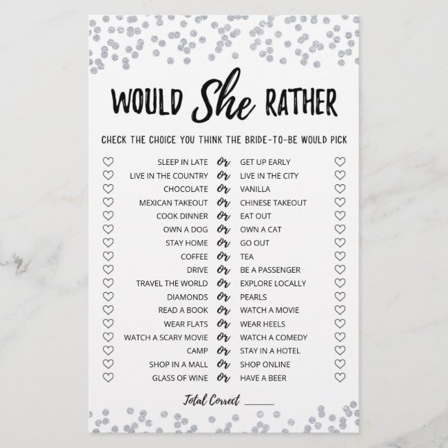 Jogo de Chá de Noiva 'Would She Rather' editável (Frente)