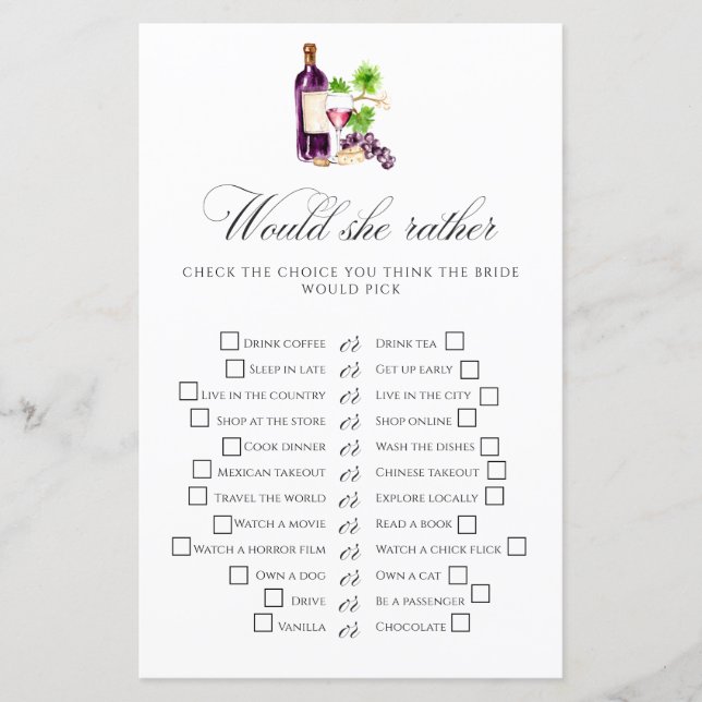 Jogo de Chá de Noiva 'Would She Rather' Vinícola (Frente)