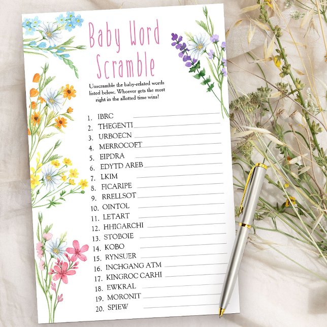 Jogo de Chá de Palavra de Flor Selvagem (Baby Shower Game - Baby Word Scramble - from my Wildflower Meadow collection)