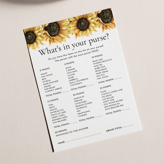 Jogo de Chá de panela de Girassol Floral (Floral Sunflower Bridal Shower Games What's in her Purse Card)