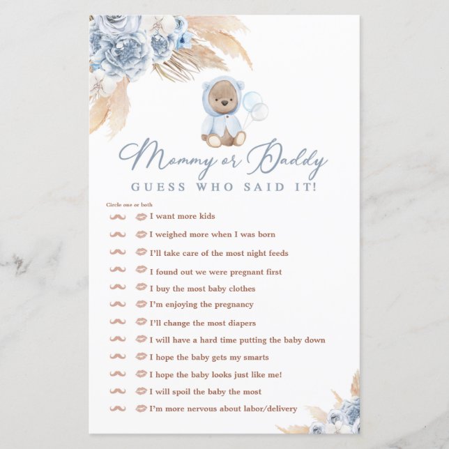 Jogo De Chá Do Boho Bear Adivinha Quem Disse (Frente)