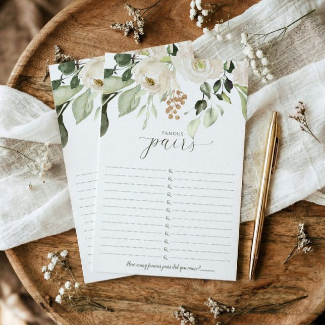 Jogo de Chuva de Presentes de Casamento Casais Fam (Famous couples printed bridal shower game - elegant white watercolor floral sage greenery)