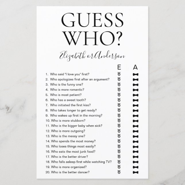 Jogo de Chuveiro de Noiva Guess Who (Frente)
