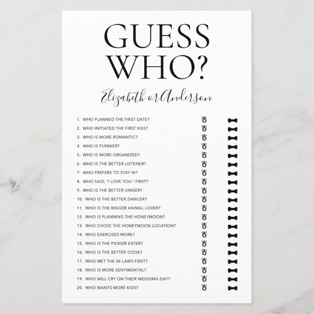 Jogo de Chuveiro de Noiva Guess Who (Frente)