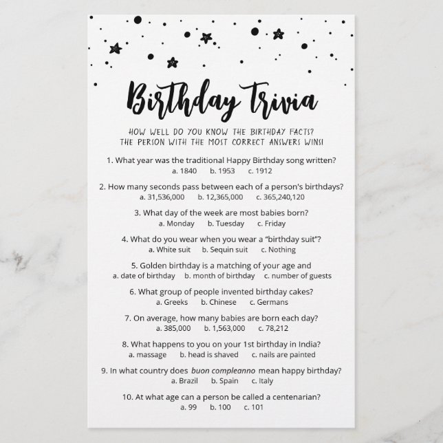 Jogo de curiosidades de aniversário com respostas  (Frente)