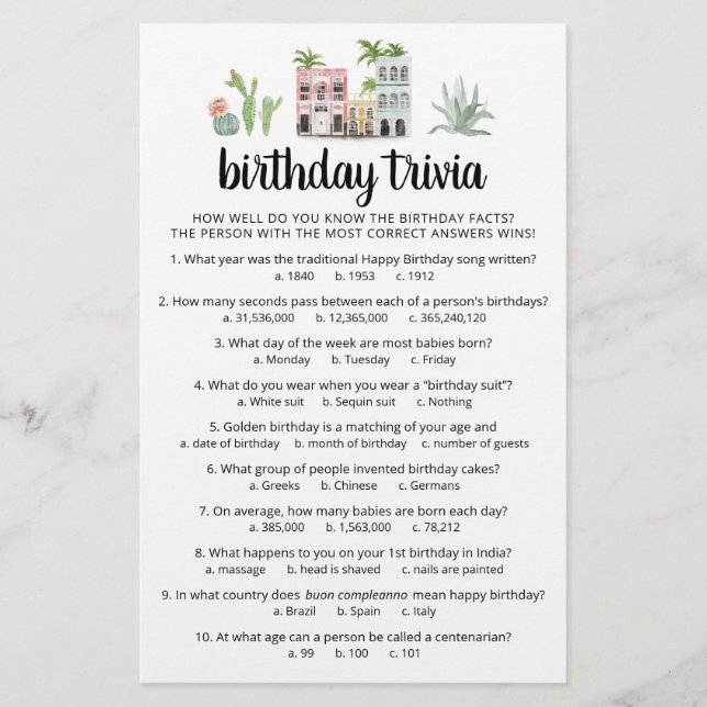 Jogo de curiosidades de aniversário com respostas  (Frente)