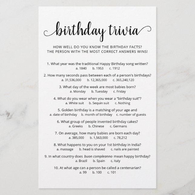 Jogo de curiosidades de aniversário com respostas  (Frente)