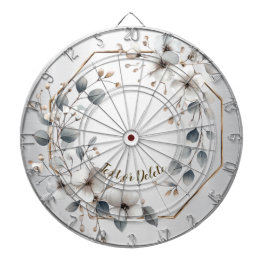 Jogo De Dardo Flores brancas de aquarela Ouro Frame Silver Teal