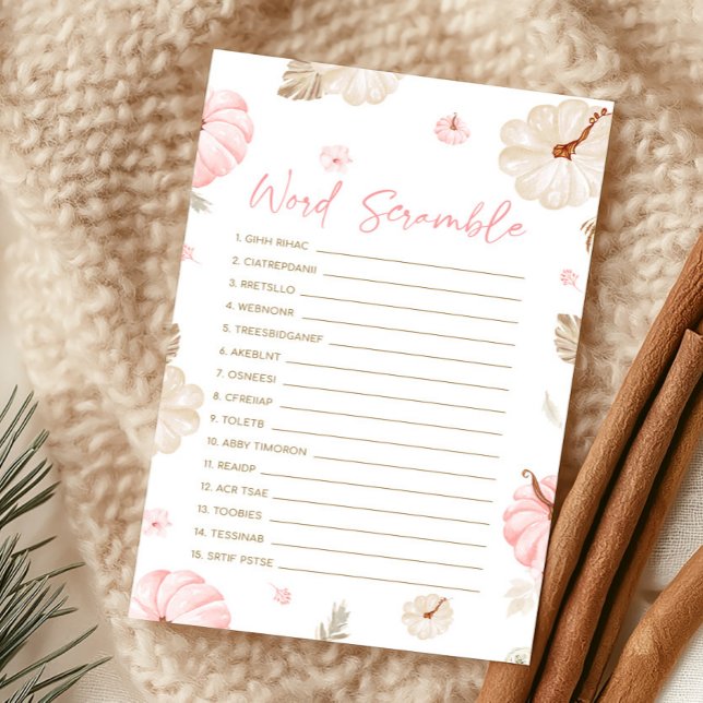 Jogo de Desembaralhar Palavras Abóbora Doce Rosa d (Girl Fall Pumpkin Baby Shower Word Scramble Game)