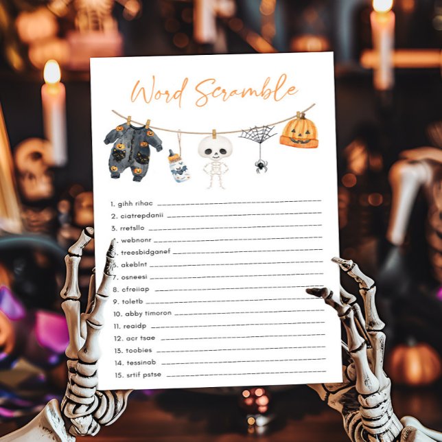 Jogo de Desembaralhar Palavras da Roupa da Pequena (Ghost Clothesline Baby Shower Word Scramble Game)