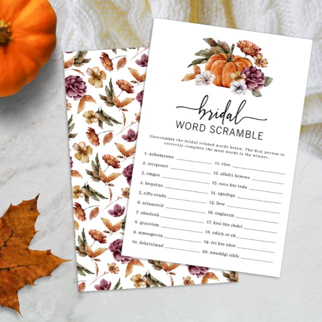 Jogo de Desembaralhar Palavras de Abóbora (Fall Bridal Word Scramble Game Fall In Love Bridal Shower Pumpkin Florals)