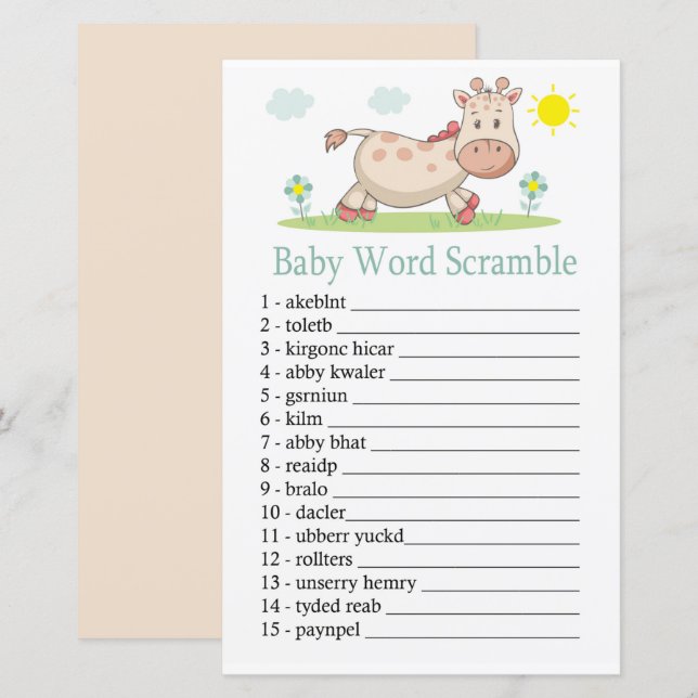 Jogo de embaralhar palavras Giraffe Baby (Frente/Verso)