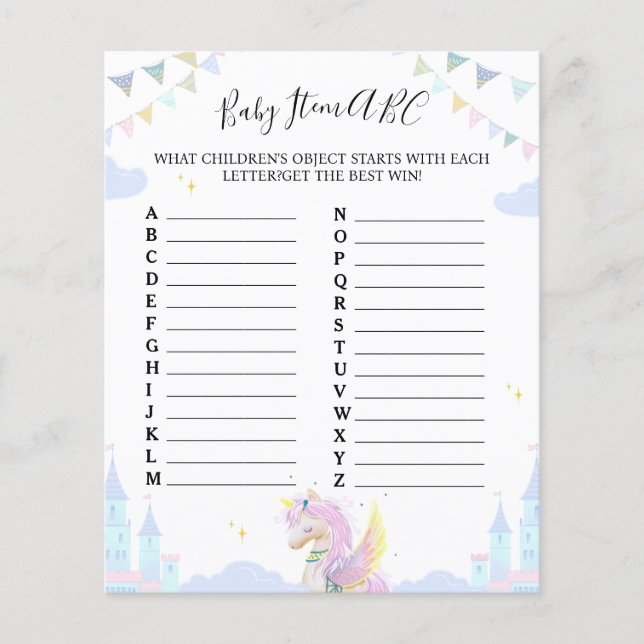 Jogo de folha "Baby Item ABC" para chá de fraldas. (Frente)