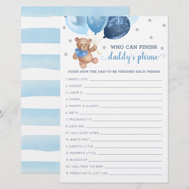 Jogo de Frases do Papai Chá de Bebê Urso Teddy  (Frente/Verso)
