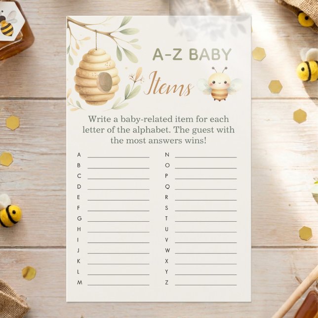 Jogo de Itens para Bebê Abelha Bebê A a Z (A-Z Baby Items Baby Shower Game. He or She? What Will Baby Bee? Gender Reveal)