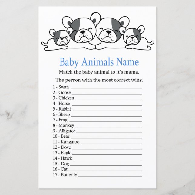 Jogo de Nomes de Animais Bebês Bulldog (Frente)