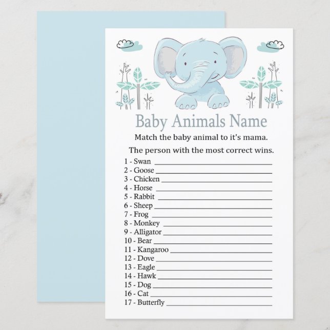 Jogo de Nomes de Animais Bebês Elefante Azul (Frente/Verso)