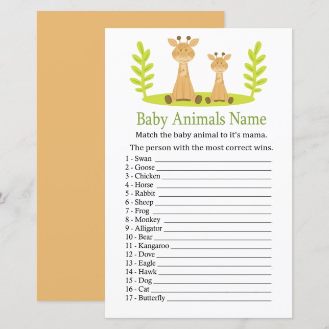 Jogo de Nomes de Animais Bebês Girafa (Frente/Verso)