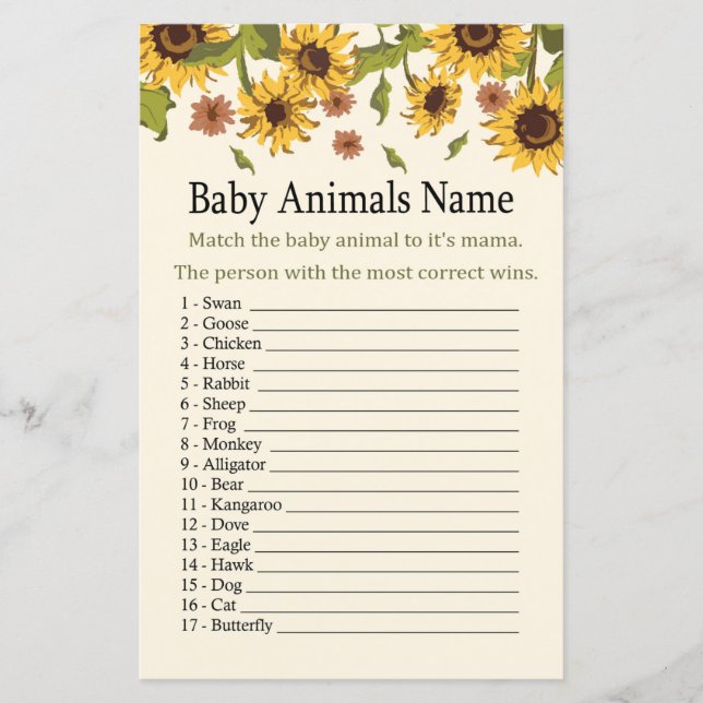 Jogo de Nomes de Animais Bebés Girassol (Frente)