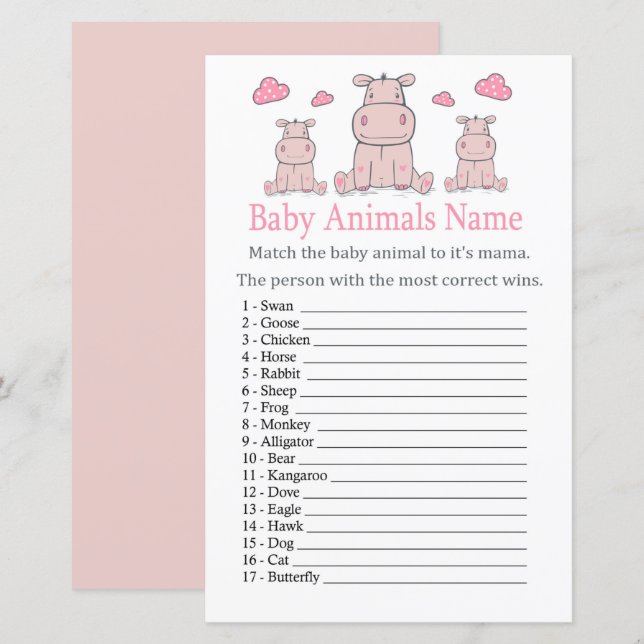 Jogo de Nomes de Animais Bebês Hipopótamo Rosa (Frente/Verso)