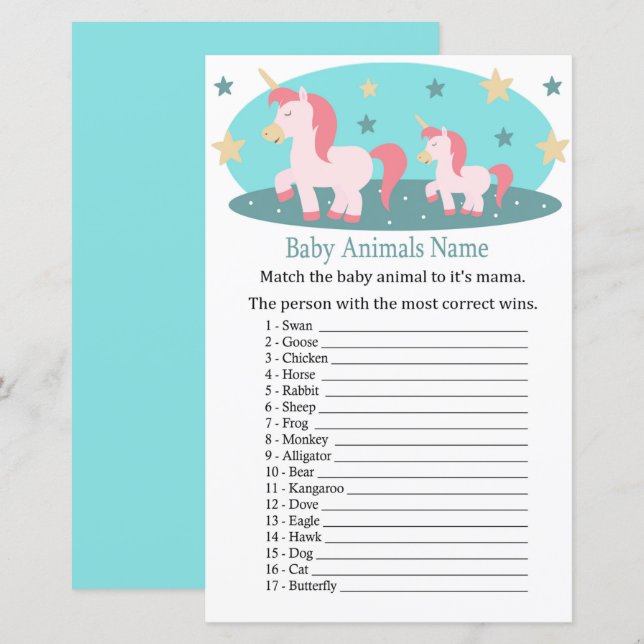 Jogo de Nomes de Animais Bebês Unicórnio Fofo (Frente/Verso)