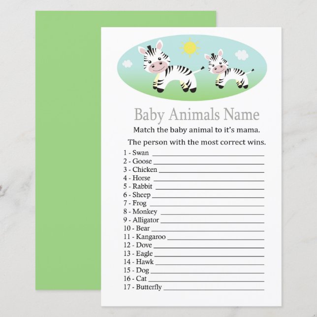 Jogo de Nomes de Animais Bebês Zebra (Frente/Verso)