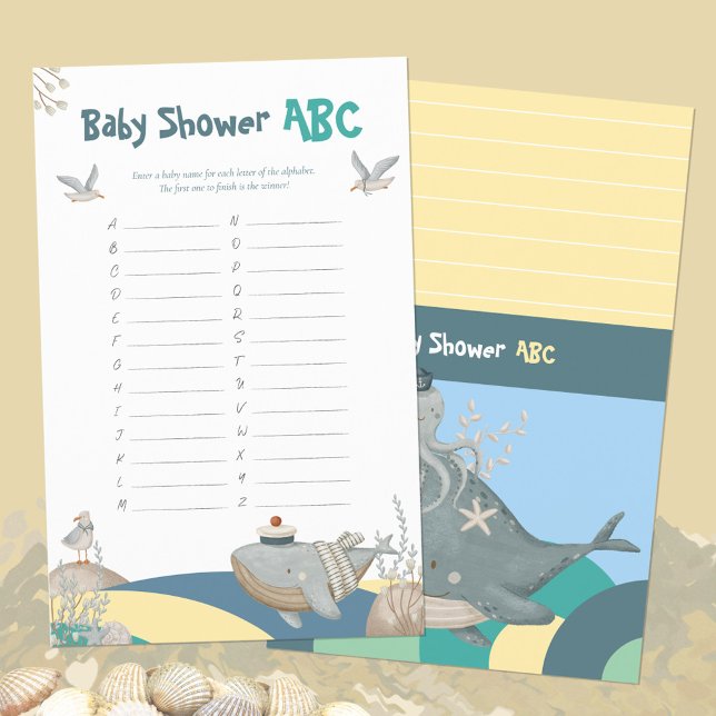 Jogo de Nomes do ABC do Chá de Bebê Náutico Amarel (Yellow Nautical Whale Baby Shower ABC Names Game ©Susanne Sachers - Sunny Mind Design 🌞)