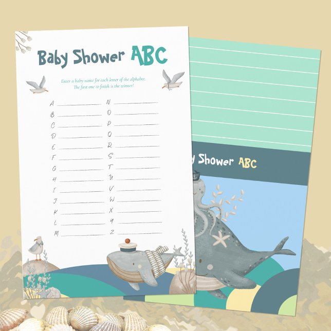 Jogo de Nomes do Chá de Bebê Baleia Náutica Verde  (Green Nautical Whale Baby Shower ABC Names Game ©Susanne Sachers - Sunny Mind Design 🌞)