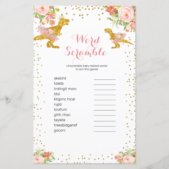 Jogo de Palavra de Dino Dourado Rosa (Frente)