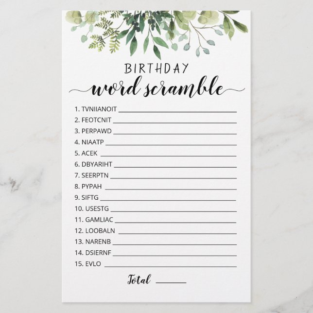 Jogo de palavras de aniversário com Respostas (Frente)