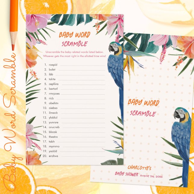 Jogo de Palavras Desordenadas Chá de Bebê Papagaio (Tropical Parrot Baby Shower Word Scramble Game ©Susanne Sachers - Sunny Mind 🌞)