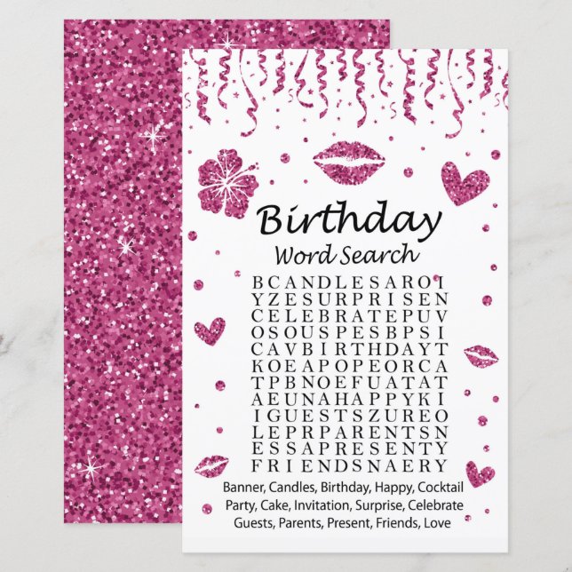 Jogo de Pesquisa do Word Aniversário com brilho ro (Frente/Verso)